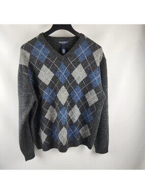 Bowen & Wright Sweater Mens Large 100% Lambs Wool Multicolor Argyle V-Neck